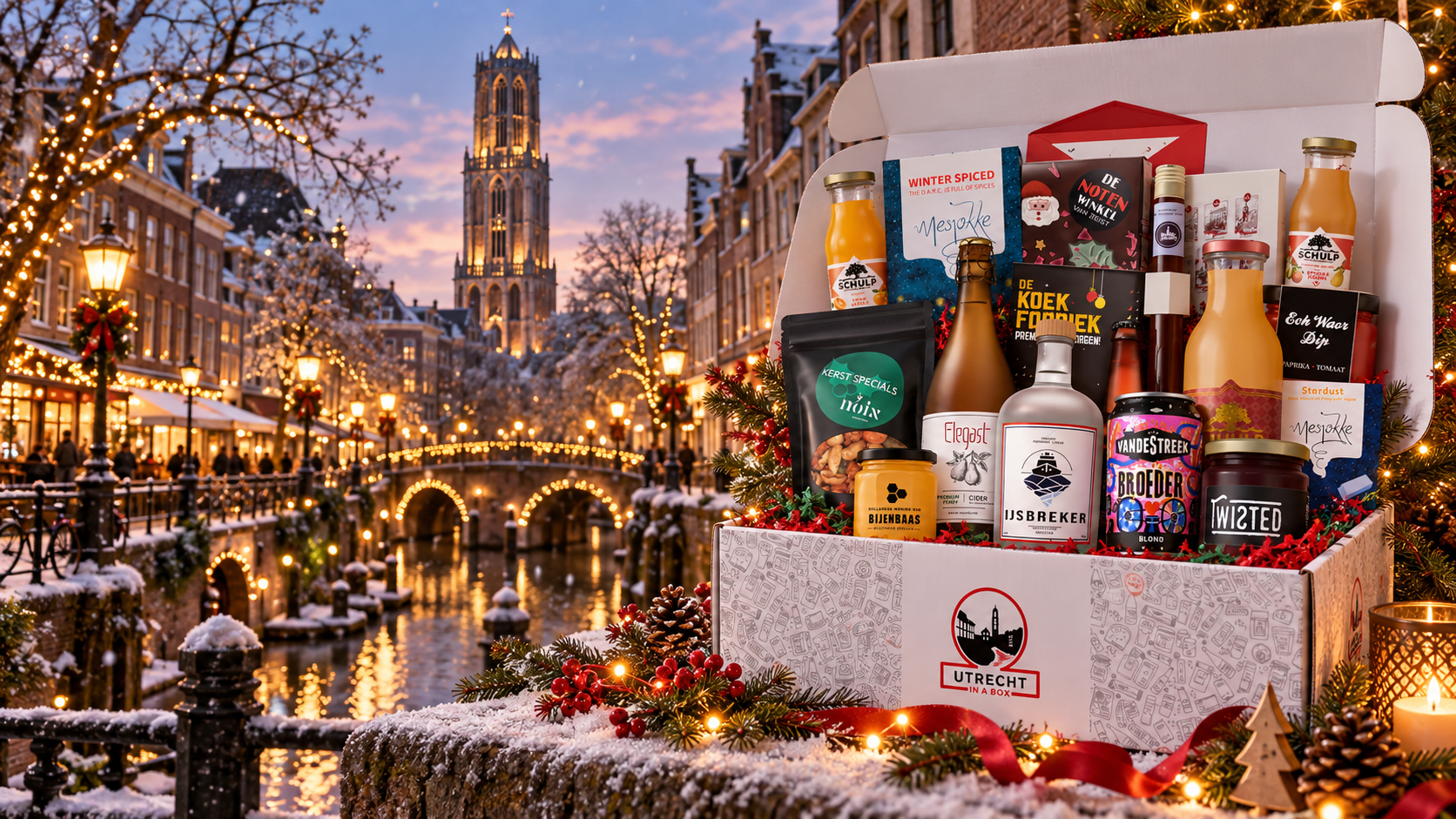 Utrechts kerstpakket in de sneeuw op het Domplein, met de verlichte Domtoren op de achtergrond